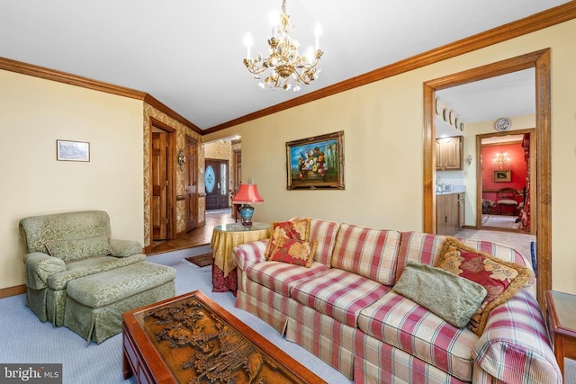 8413 Pathfinders Ct, Spotsylvania, VA 22553 - living room with light colored carpet, baseboards, ornamental molding, and a notable chandelier