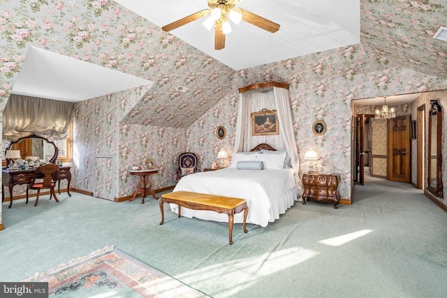 8413 Pathfinders Ct, Spotsylvania, VA 22553 - carpeted bedroom with wallpapered walls, vaulted ceiling, ceiling fan with notable chandelier, and visible vents