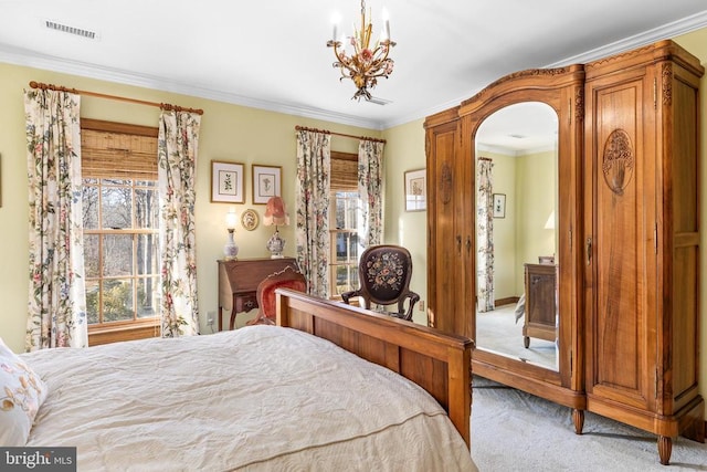 8413 Pathfinders Ct, Spotsylvania, VA 22553 - bedroom with carpet flooring, crown molding, visible vents, and a notable chandelier
