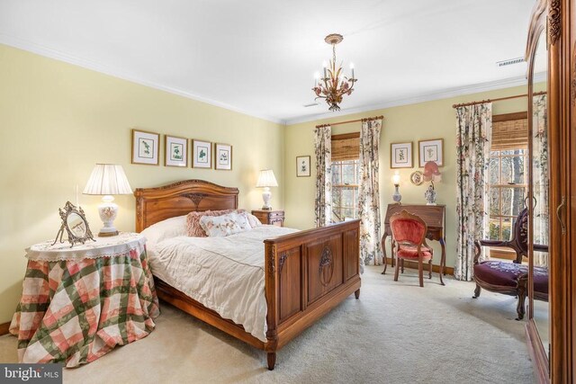 8413 Pathfinders Ct, Spotsylvania, VA 22553 - carpeted bedroom with multiple windows, a notable chandelier, visible vents, and crown molding