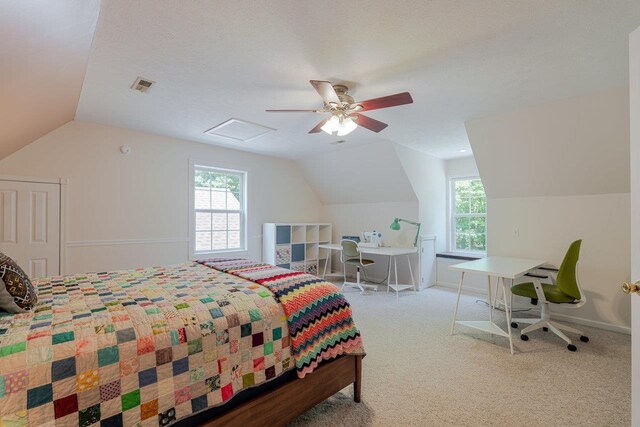 4201 Brown Mountain Ln, Elkton, VA 22827 - bedroom featuring lofted ceiling, light colored carpet, and a ceiling fan