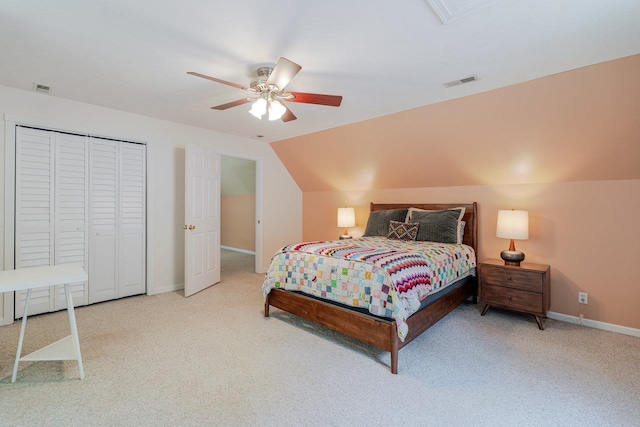 4201 Brown Mountain Ln, Elkton, VA 22827 - bedroom with carpet, vaulted ceiling, a ceiling fan, and a closet