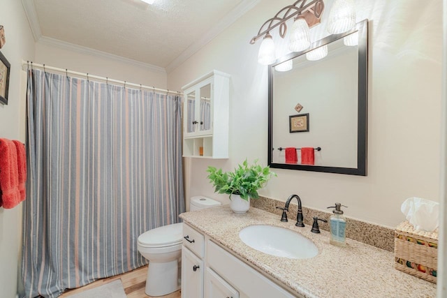 4201 Brown Mountain Ln, Elkton, VA 22827 - bathroom featuring vanity, wood finished floors, ornamental molding, and a shower with curtain