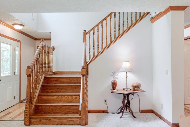 4201 Brown Mountain Ln, Elkton, VA 22827 - stairs featuring carpet floors and crown molding