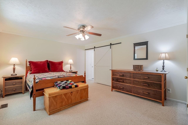 4201 Brown Mountain Ln, Elkton, VA 22827 - bedroom with light carpet, a barn door, crown molding, a textured ceiling, and ceiling fan