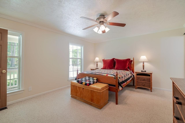 4201 Brown Mountain Ln, Elkton, VA 22827 - bedroom with multiple windows, light colored carpet, a textured ceiling, crown molding, and a ceiling fan
