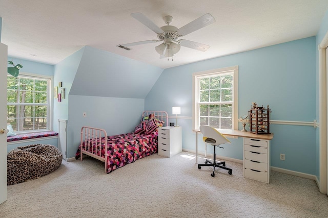 4201 Brown Mountain Ln, Elkton, VA 22827 - bedroom with carpet floors, multiple windows, a ceiling fan, and lofted ceiling
