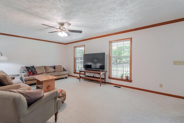 4201 Brown Mountain Ln, Elkton, VA 22827 - carpeted living area featuring a ceiling fan, crown molding, and a textured ceiling