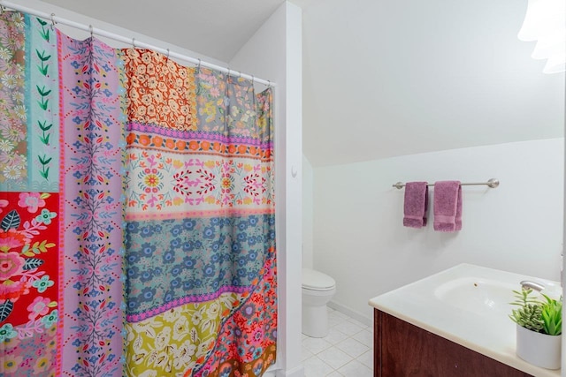 4201 Brown Mountain Ln, Elkton, VA 22827 - full bath with tile patterned flooring, vanity, lofted ceiling, and a shower with shower curtain