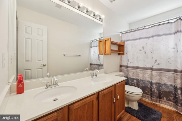 12011 Big Ben Blvd, Fredericksburg, VA 22407 - full bathroom featuring toilet, wood finished floors, double vanity, and a shower with shower curtain