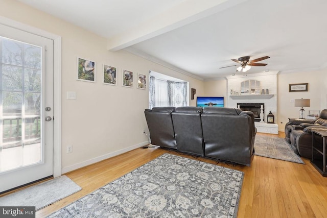 12011 Big Ben Blvd, Fredericksburg, VA 22407 - living room featuring ceiling fan, wood finished floors, a fireplace, ornamental molding, and baseboards