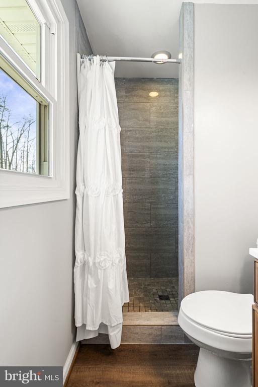 bathroom featuring vanity, hardwood / wood-style flooring, toilet, and a shower with shower curtain