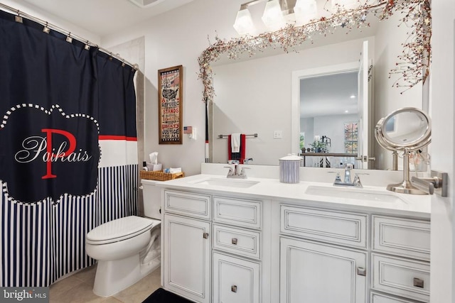 full bath featuring tile patterned flooring, toilet, double vanity, and a shower with curtain