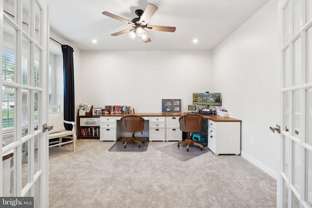office area with french doors, carpet flooring, recessed lighting, and ceiling fan