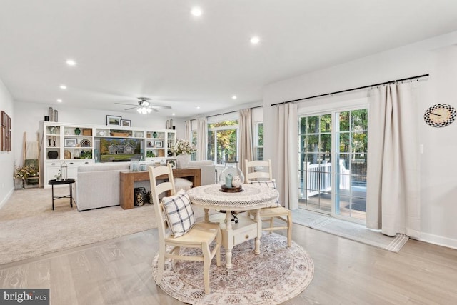 dining area featuring a ceiling fan, recessed lighting, baseboards, and light wood-style floors