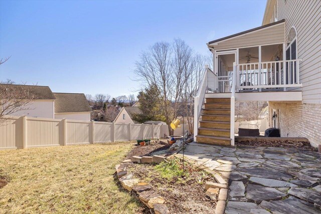 102 Shawn Cir, Staunton, VA 24401 - view of yard with a patio, ceiling fan, stairs, a sunroom, and a fenced backyard