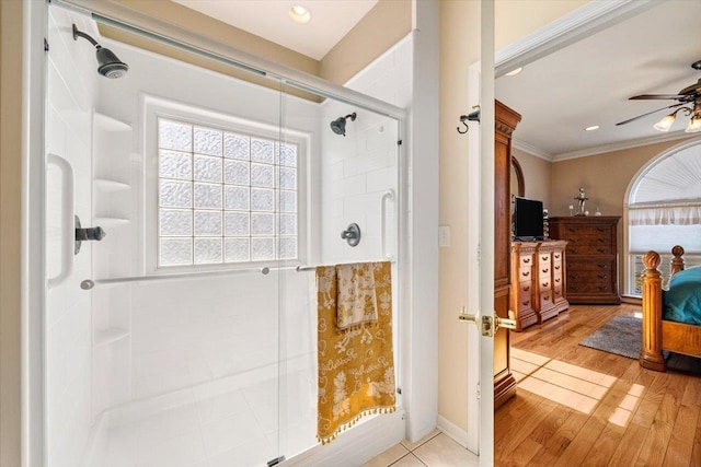 102 Shawn Cir, Staunton, VA 24401 - bathroom featuring a stall shower, a healthy amount of sunlight, crown molding, and a ceiling fan