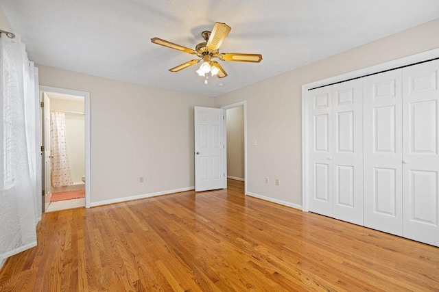 5 Granary Rd, Verona, VA 24482 - unfurnished bedroom featuring baseboards, light wood-type flooring, a closet, and ceiling fan