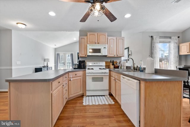 1538 Willow St, Culpeper, VA 22701 - kitchen featuring white appliances, a peninsula, light brown cabinetry, dark countertops, and recessed lighting