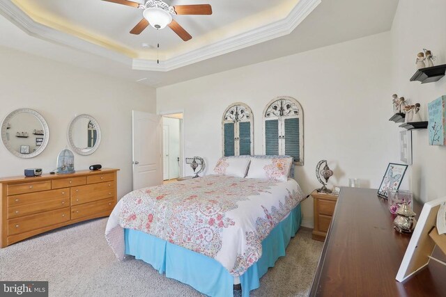 514 Lakeview Pkwy, Locust Grove, VA 22508 - carpeted bedroom featuring a tray ceiling, ornamental molding, and ceiling fan