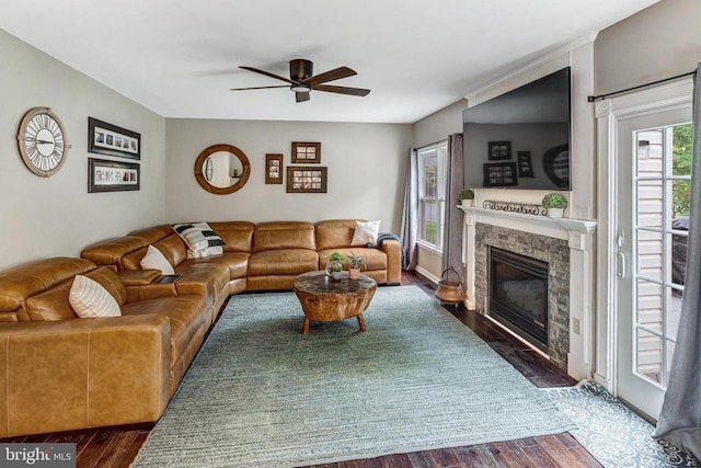 10101 Westover Ct, Fredericksburg, VA 22408 - living area featuring a ceiling fan, dark wood-style floors, and a high end fireplace