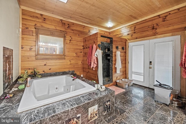 362 Dell Perkins Rd, Louisa, VA 23093 - bathroom with wooden walls, a tub with jets, wooden ceiling, marble finish flooring, and walk in shower