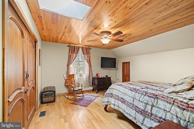 362 Dell Perkins Rd, Louisa, VA 23093 - bedroom featuring a skylight, wood ceiling, light wood-style floors, lofted ceiling, and baseboards