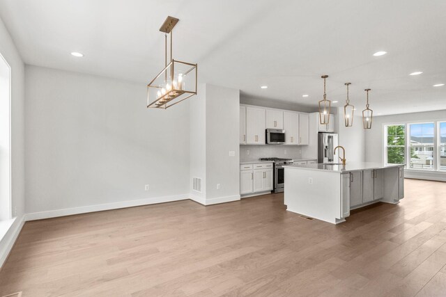 3251 Preston Shore Dr Unit 18E, Rockingham, VA 22801 - kitchen with appliances with stainless steel finishes, light wood-style floors, white cabinetry, recessed lighting, and a center island with sink