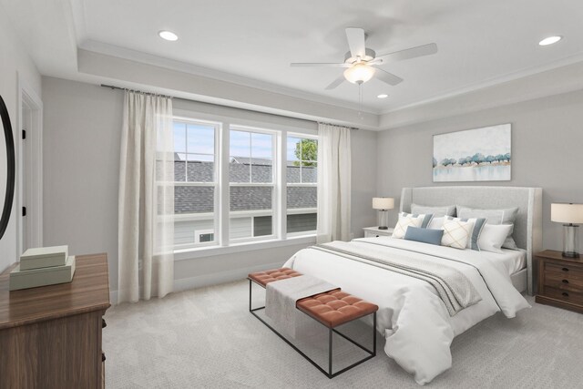 3251 Preston Shore Dr Unit 18E, Rockingham, VA 22801 - bedroom featuring a tray ceiling, light carpet, recessed lighting, ornamental molding, and a ceiling fan