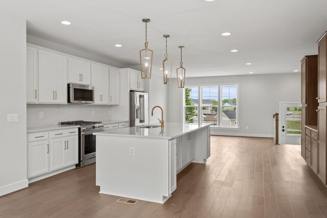 3251 Preston Shore Dr Unit 18E, Rockingham, VA 22801 - kitchen with appliances with stainless steel finishes, a sink, wood finished floors, recessed lighting, and a center island with sink