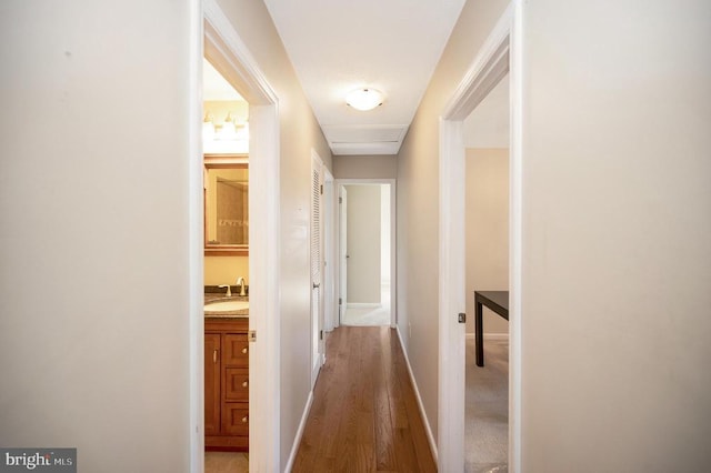 hallway with a sink and wood finished floors