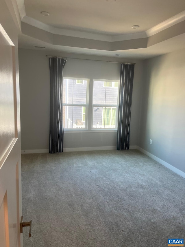 carpeted spare room with baseboards and a raised ceiling