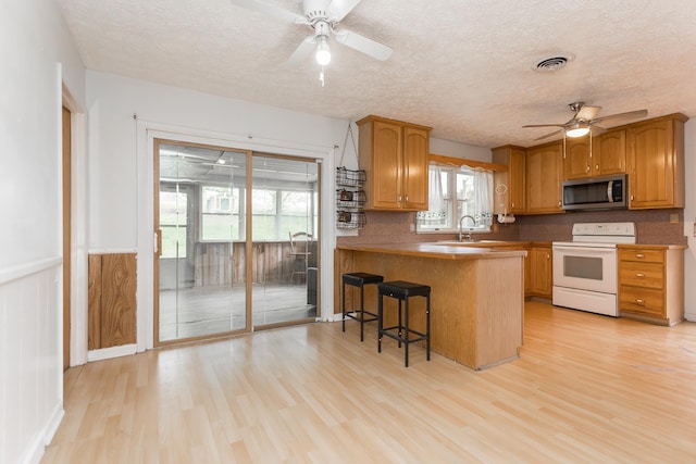 1627 Barbershop Rd, Edinburg, VA 22824 - kitchen featuring a kitchen bar, a ceiling fan, stainless steel microwave, electric stove, and light wood-style floors
