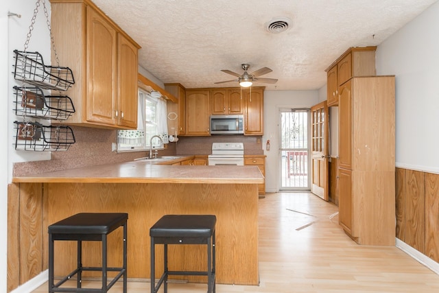 1627 Barbershop Rd, Edinburg, VA 22824 - kitchen with stainless steel microwave, a peninsula, a sink, ceiling fan, and white electric range