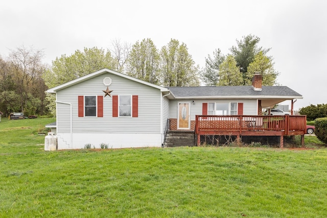 1627 Barbershop Rd, Edinburg, VA 22824 - rear view of house with a wooden deck, a chimney, and a lawn