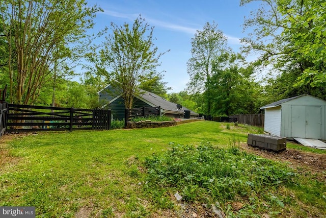  - view of yard featuring an outbuilding, a fenced backyard, and a shed