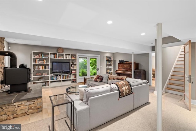 103 Castleton Ford Rd, Castleton, VA 22716 - living room featuring a wood stove, stairs, and recessed lighting