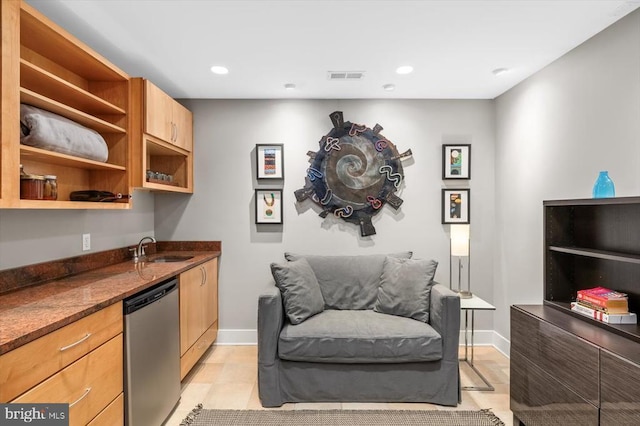 103 Castleton Ford Rd, Castleton, VA 22716 - kitchen with stainless steel dishwasher, open shelves, a sink, baseboards, and recessed lighting