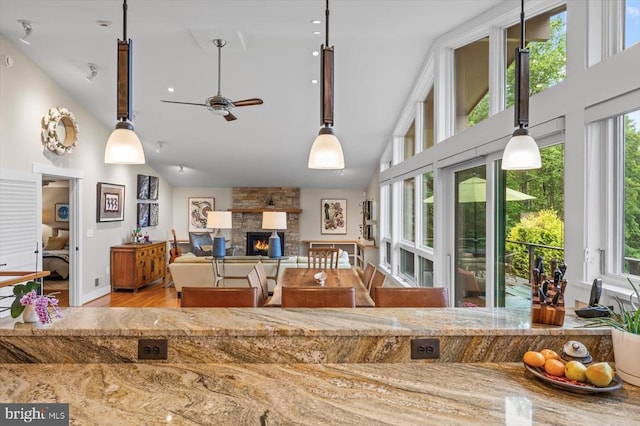 103 Castleton Ford Rd, Castleton, VA 22716 - dining area featuring high vaulted ceiling, a fireplace, ceiling fan, plenty of natural light, and wood finished floors