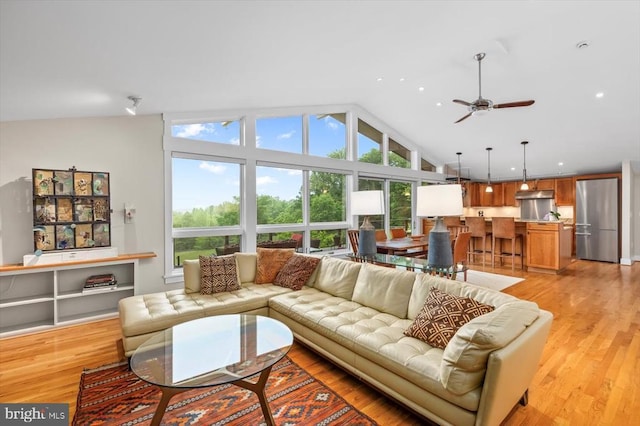103 Castleton Ford Rd, Castleton, VA 22716 - living area featuring ceiling fan, light wood-style flooring, high vaulted ceiling, and recessed lighting