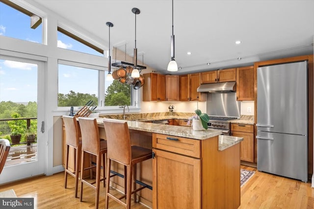 103 Castleton Ford Rd, Castleton, VA 22716 - kitchen featuring appliances with stainless steel finishes, under cabinet range hood, light stone countertops, light wood finished floors, and a breakfast bar