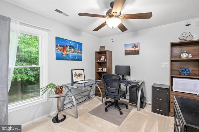 1218 Heatherbrook Ct, Fredericksburg, VA 22407 - home office featuring light carpet, ceiling fan, and baseboards