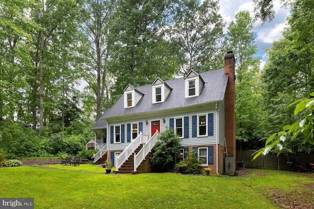 1218 Heatherbrook Ct, Fredericksburg, VA 22407 - cape cod-style house featuring a chimney, stairway, brick siding, and roof with shingles