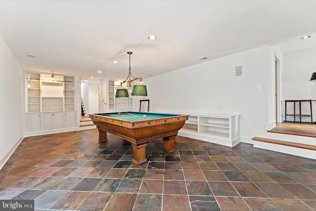  - playroom with built in shelves, stone finish floors, billiards, recessed lighting, and baseboards