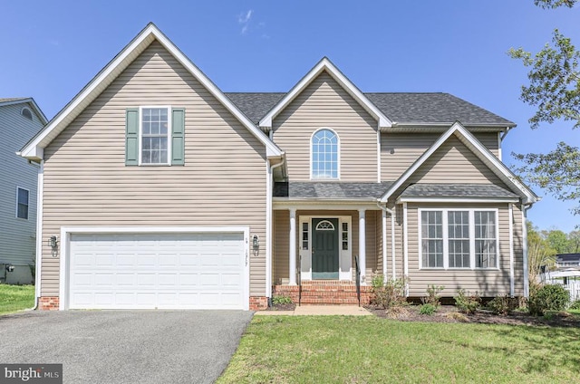 10707 Tricia Pl, Fredericksburg, VA 22408 - traditional-style house with driveway, an attached garage, a front lawn, and roof with shingles