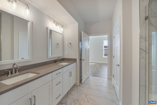 403 Bayberry Ln, Zion Crossroads, VA 22942 - bathroom featuring marble finish flooring, double vanity, and a marble finish shower