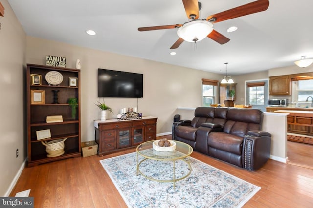11404 Warner Dr, Fredericksburg, VA 22407 - living room featuring ceiling fan, light wood-style floors, recessed lighting, and baseboards