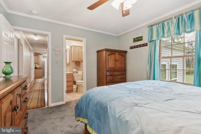7408 Ryan Ct, Reva, VA 22735 - bedroom featuring light carpet, crown molding, multiple windows, ensuite bath, and a ceiling fan