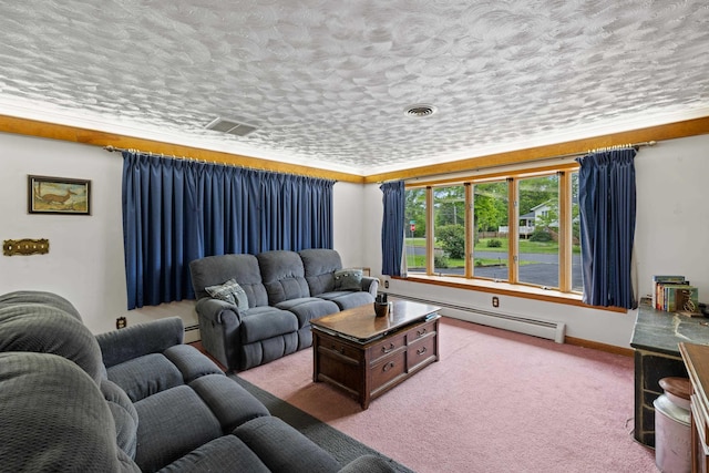 708 Woodside Ln, Waynesboro, VA 22980 - living room with a baseboard heating unit, carpet floors, and a textured ceiling
