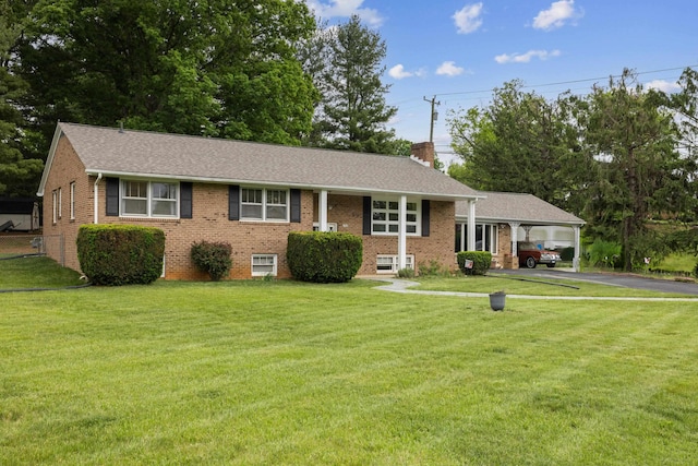 708 Woodside Ln, Waynesboro, VA 22980 - view of front of home with brick siding, driveway, a front yard, and a chimney